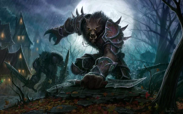 A fierce warrior werewolf prowls through a dark, eerie landscape under a full moon, inspired by the world of Warcraft. This dynamic HD wallpaper captures an intense gaming atmosphere.
