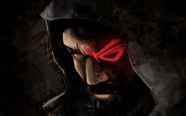An HD wallpaper featuring a hooded warrior from Assassin's Creed III, showcasing a fierce expression and a striking red symbol on his face, set against a dark background.