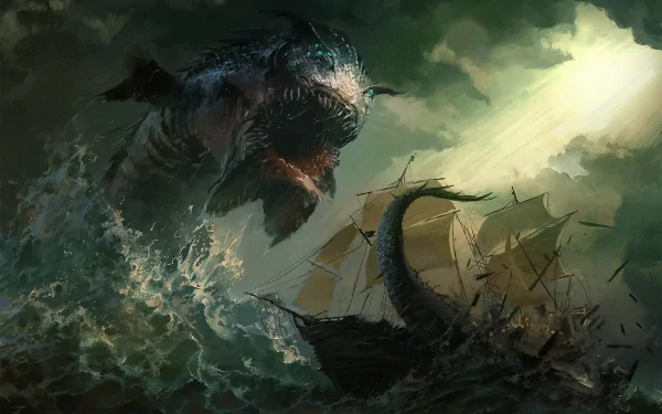 A dramatic fantasy scene depicting a colossal sea monster emerging from tumultuous waves, with a ship struggling in the background. This HD wallpaper captures an epic ocean battle.