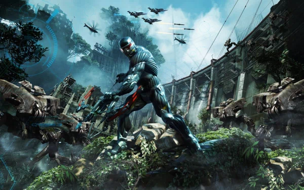 HD wallpaper featuring Laurence 'Prophet' Barnes from the video game Crysis 3, showcasing an intense futuristic battle scene amid a lush, overgrown environment.