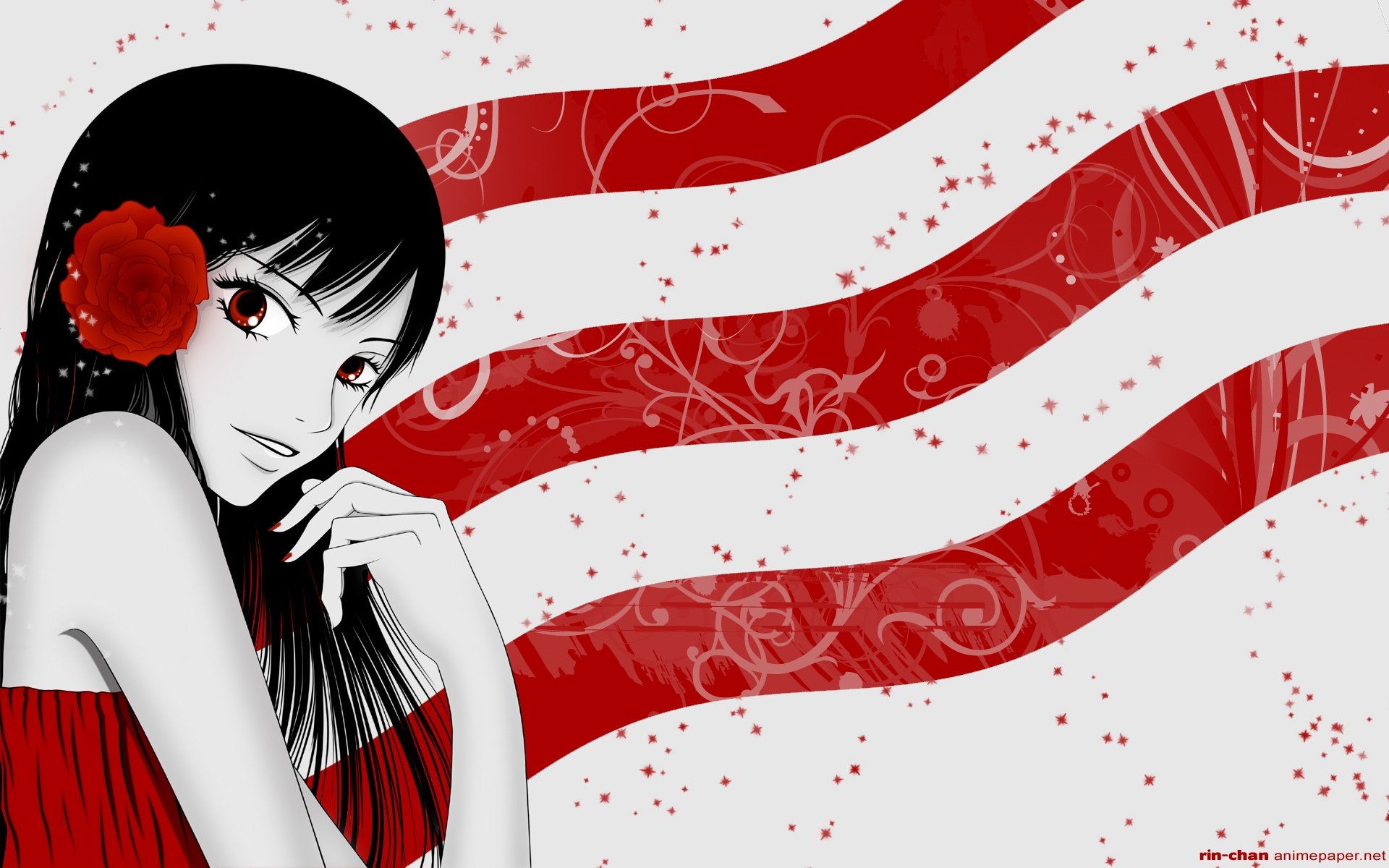 HD PC wallpaper of Sawako Kuronuma (From Me to You): monochrome portrait with red rose in her hair and sweeping red ribbon-like stripes across a white backdrop.