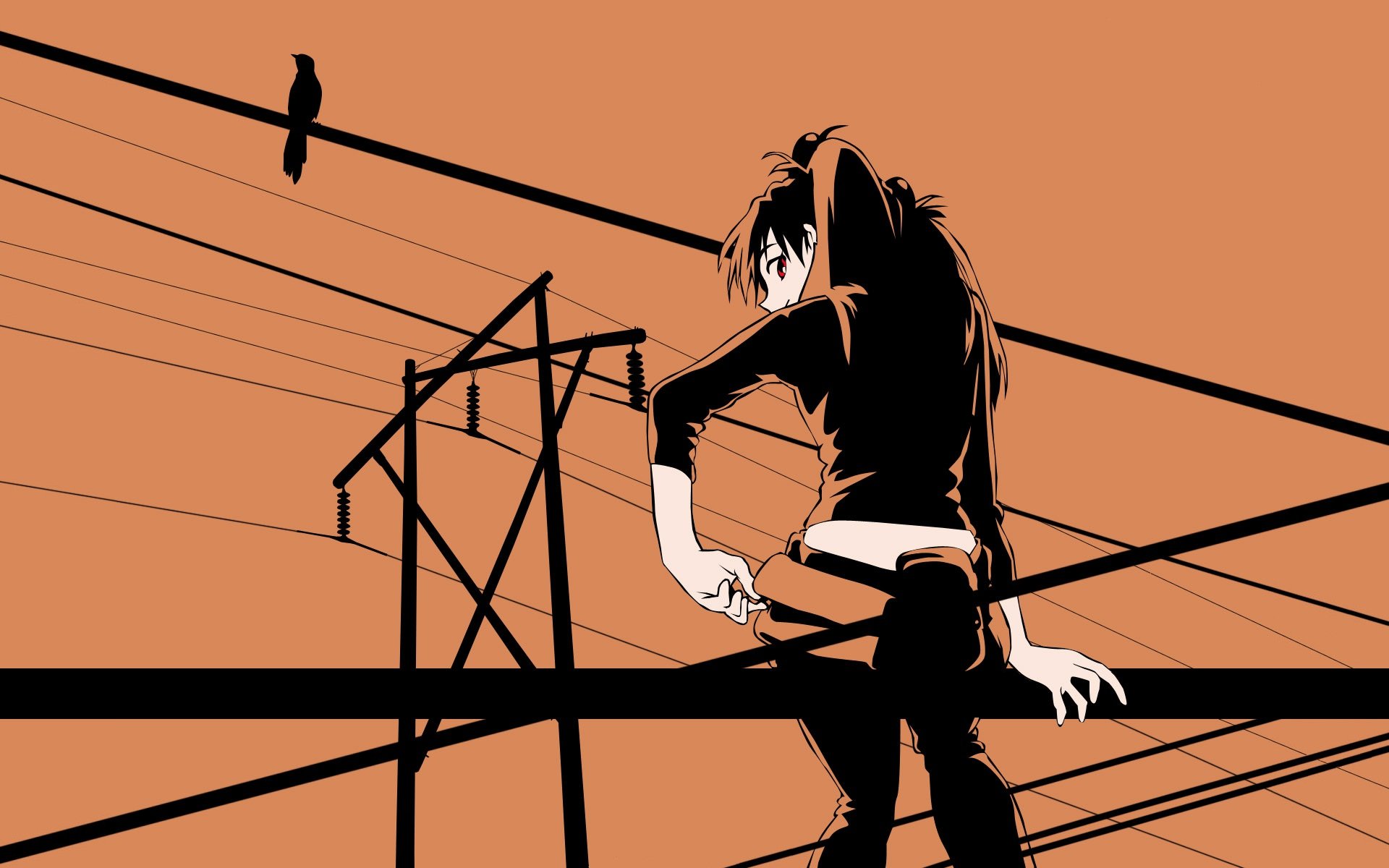 HD PC desktop wallpaper featuring Asuka Langley Sohryu from the anime Neon Genesis Evangelion, depicted in a minimalistic style against an orange background with power lines.