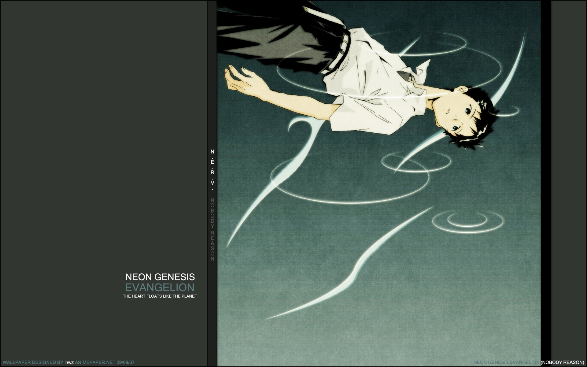 HD PC desktop wallpaper featuring Shinji Ikari from the anime Neon Genesis Evangelion, set against a muted background with flowing white lines and minimalist text.