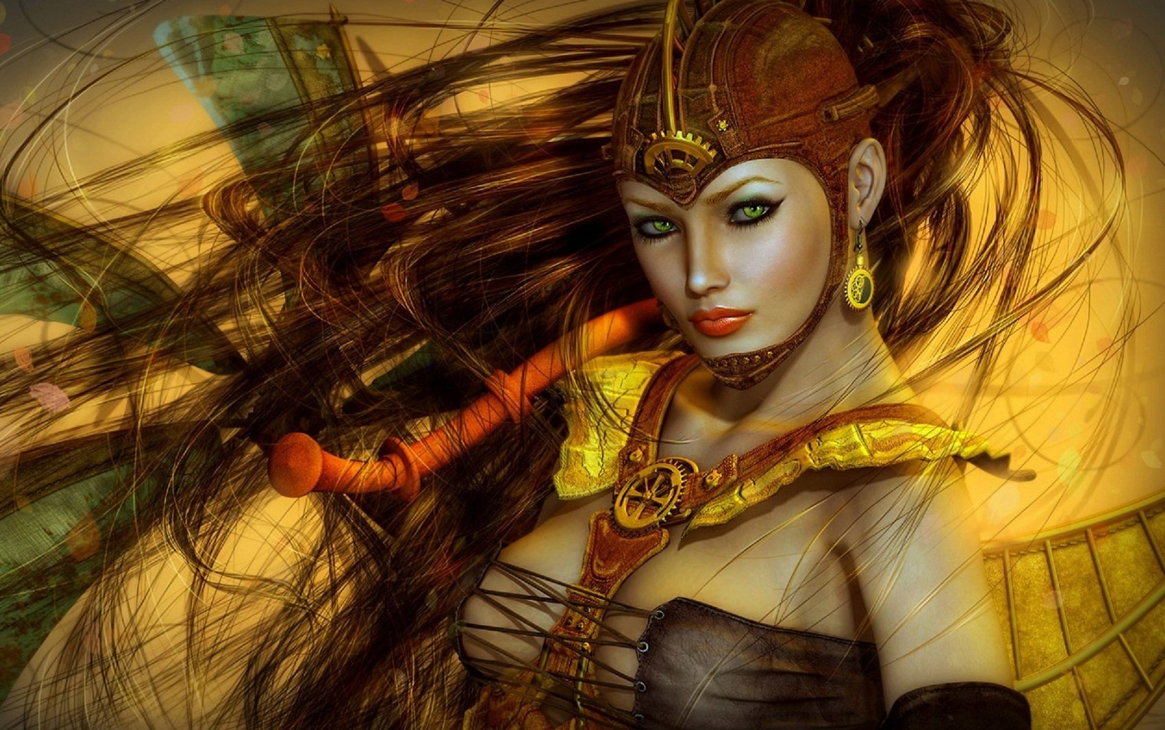 A striking fantasy-themed HD wallpaper featuring a powerful woman with flowing hair, adorned in intricate armor and jewelry, set against a vibrant, ethereal background.