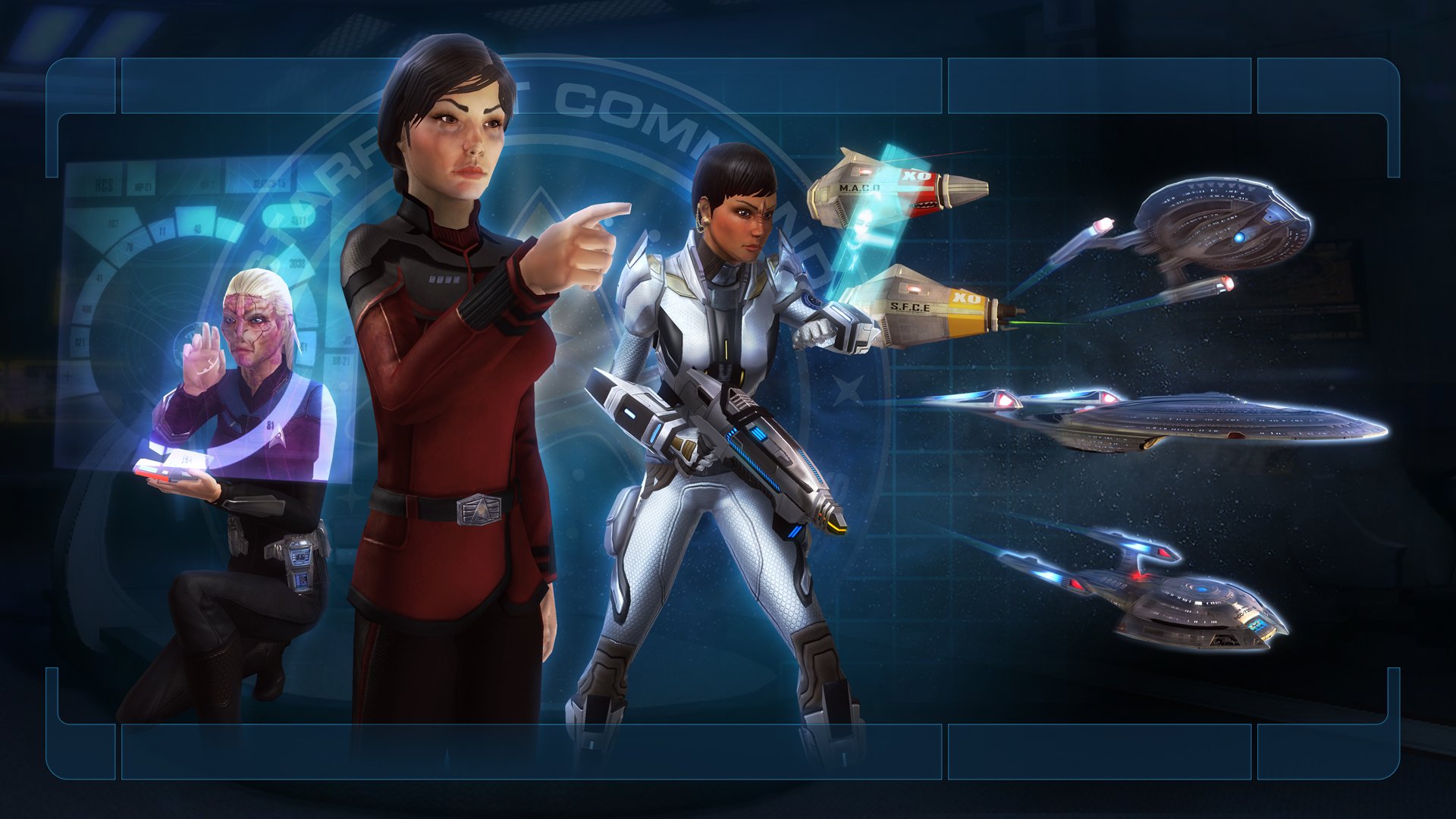 HD PC desktop wallpaper for a Star Trek video game: three Starfleet officers in dynamic poses with a phaser and holographic starships sweeping across a blue command-deck background.