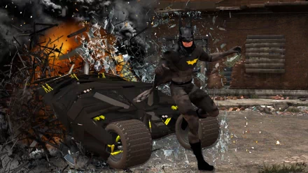 Comic Batman in an armored suit vaulting from the Batmobile as glass shatters — dynamic HD PC desktop wallpaper background.