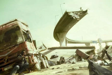 HD sci-fi post-apocalyptic desktop wallpaper depicting a ruined highway overpass, wrecked vehicles, and debris under a pale sky.