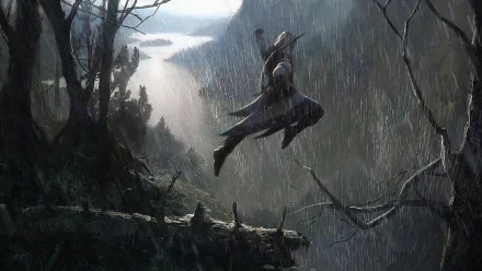 A stunning HD wallpaper featuring a character from Assassin's Creed III, leaping through a rain-soaked forest, showcasing the game's dramatic atmosphere and lush landscapes.