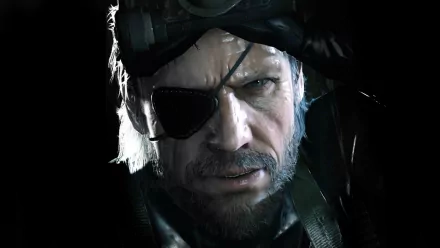 Close-up of Big Boss (Metal Gear Solid V: Ground Zeroes) with eye patch and scars, moody lighting — HD PC desktop wallpaper/background.