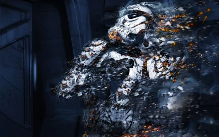 HD wallpaper featuring a stormtrooper from Star Wars, depicted in a dramatic, fragmented style with dark sci-fi elements and bold colors.