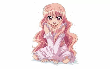 Anime HD PC desktop wallpaper from The Familiar of Zero: pink-haired girl in a white nightgown kneeling and smiling on a clean white background.
