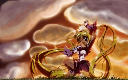 A vibrant HD wallpaper featuring a character from Anime Mermaid Melody Pichi Pichi Pitch, with flowing blonde hair and a whimsical pose against a dynamic cloud backdrop.