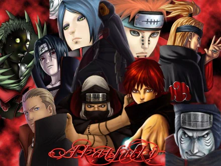 HD desktop wallpaper featuring characters Kakuzu, Zetsu, Sasori, Deidara, Itachi Uchiha, Konan, Kisame Hoshigaki, Hidan, and Pain from the anime Naruto.