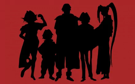 HD PC desktop wallpaper/background of the Outlaw Star anime crew silhouetted in black against a red backdrop.