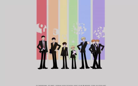 A colorful HD wallpaper featuring characters from Ouran High School Host Club, showcasing the host club members in stylish attire against a vibrant striped background.