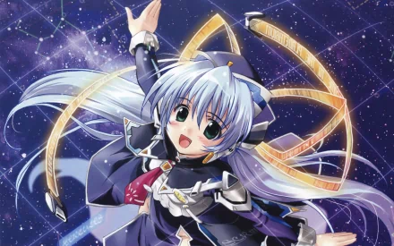 Yumemi Hoshino from Planetarian: The Reverie of a Little Planet in an anime-style HD desktop wallpaper, floating against a starry cosmic background.