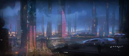 Futuristic sci-fi cityscape with towering skyscrapers and glowing neon lights, rendered in high-definition as a PC desktop wallpaper background.