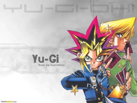 HD desktop wallpaper featuring iconic Yu-Gi-Oh! characters Yami Yugi and Joey Wheeler in an anime style, with a background text that says Yu-Gi Duel de monstres.