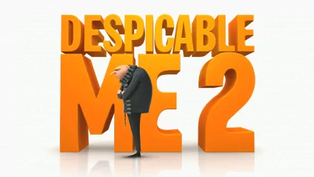 HD PC desktop wallpaper for the movie Despicable Me 2 showing Gru (Despicable Me) standing beside a large orange DESPICABLE ME 2 title on a white background.