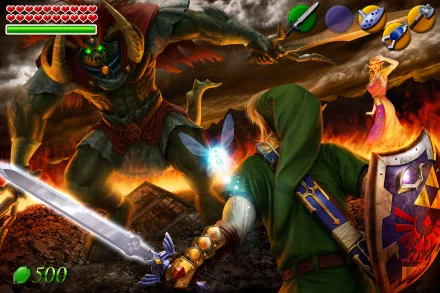 An epic scene from The Legend of Zelda: Ocarina of Time featuring Link facing Ganon, with Princess Zelda in the background, set against a dramatic and fiery backdrop.