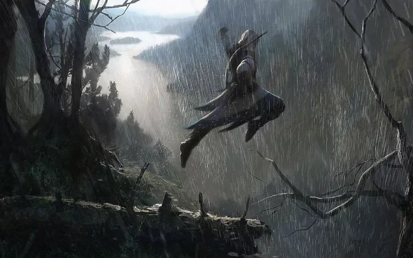 A stunning HD wallpaper featuring a character from Assassin's Creed III, leaping through a rain-soaked forest, showcasing the game's dramatic atmosphere and lush landscapes.