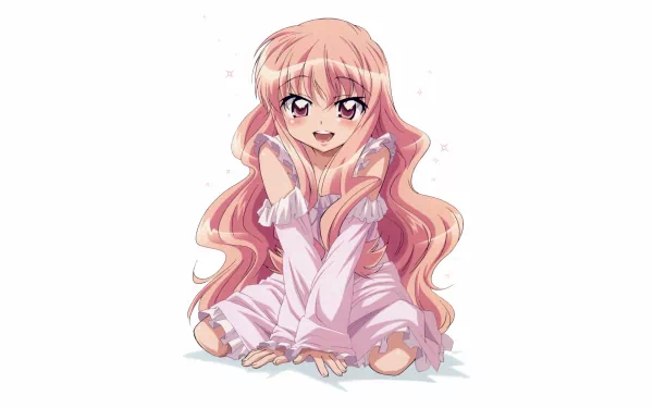 Anime HD PC desktop wallpaper from The Familiar of Zero: pink-haired girl in a white nightgown kneeling and smiling on a clean white background.