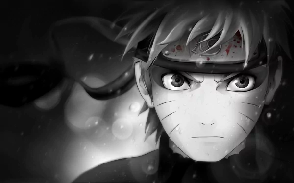 A black-and-white HD desktop wallpaper featuring an intense close-up of Naruto Uzumaki from the anime series Naruto, with a dark background and water droplets adding to the dramatic effect.
