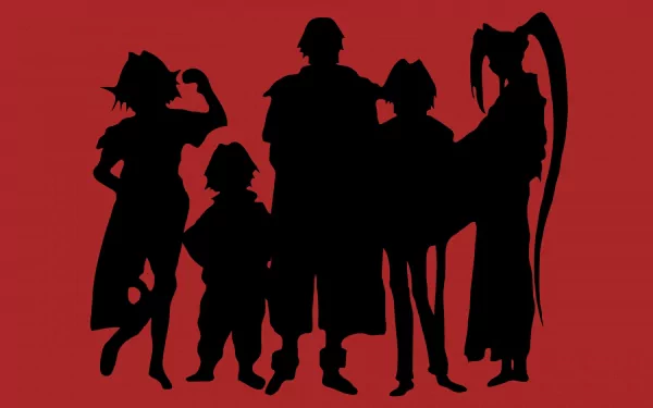 HD PC desktop wallpaper/background of the Outlaw Star anime crew silhouetted in black against a red backdrop.