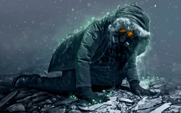 A character from the comic Romantically Apocalyptic, clad in a hooded jacket and mask, crawls through a desolate, snowy landscape, surrounded by glowing green elements. HD wallpaper.
