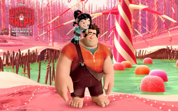 HD desktop wallpaper featuring Vanellope von Schweetz and Ralph from the movie Wreck-It Ralph, standing in a colorful candy-themed landscape.