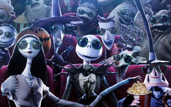 Sally and Jack from *The Nightmare Before Christmas* enjoy a movie night among a spooky audience, making this HD wallpaper a fun tribute to the film's beloved characters.