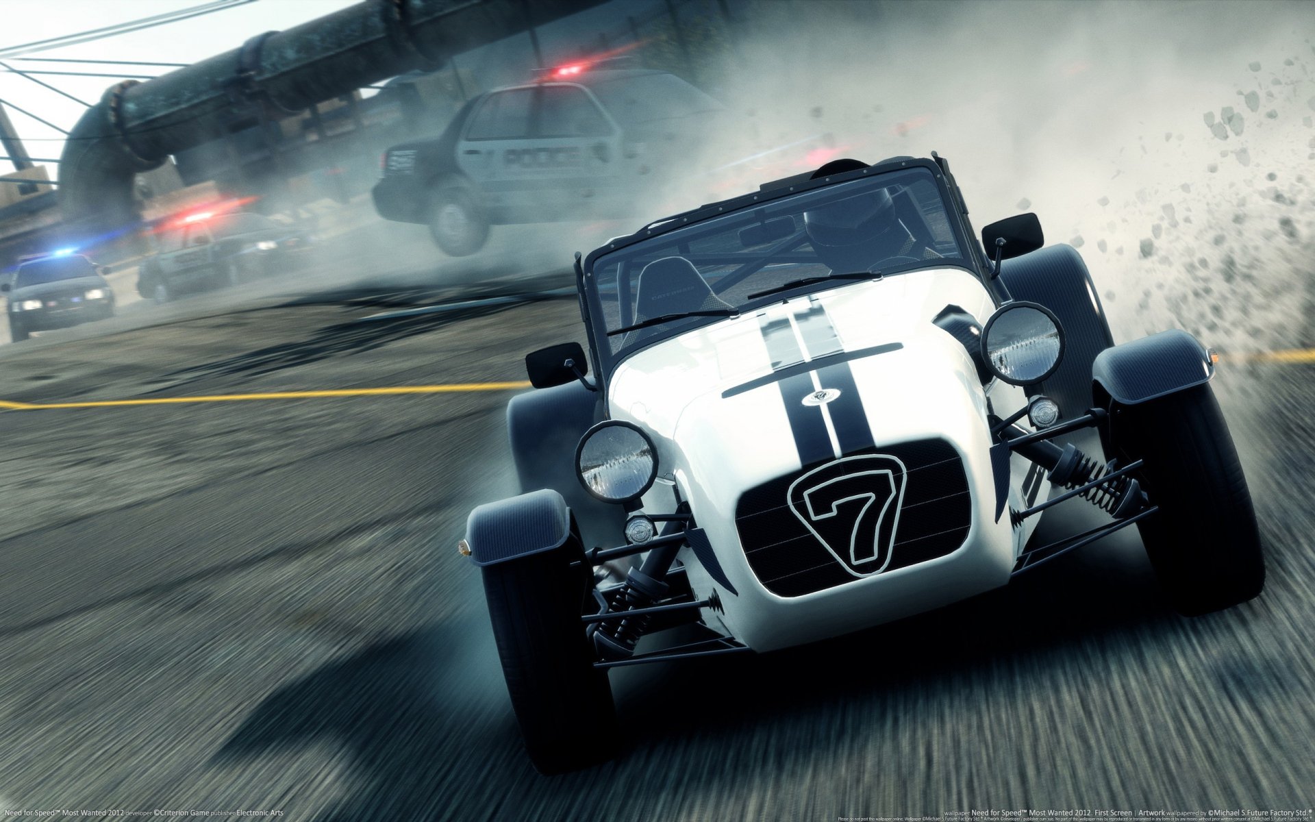 Need For Speed video game 2K Quad HD PC desktop wallpaper and background: white vintage race car (#7) skidding past police cars on a wet city street.