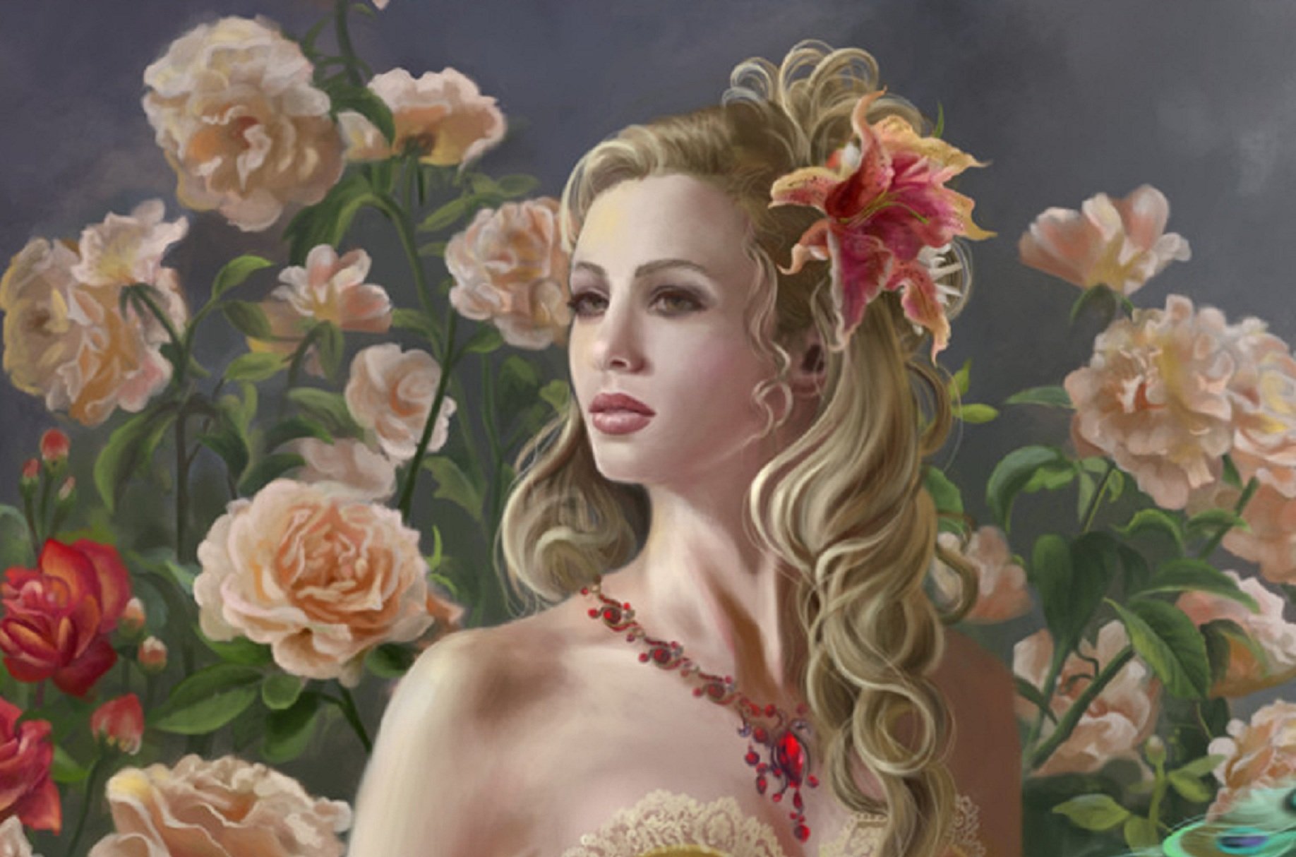 Artistic HD painting of a serene woman with flowing hair adorned with flowers, surrounded by blooming roses, designed as a PC desktop wallpaper and background.