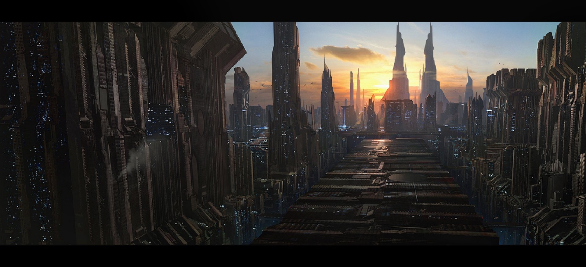 A breathtaking sci-fi cityscape at sunset, showcasing towering structures and a reflected city path, creating a captivating high-definition desktop wallpaper.