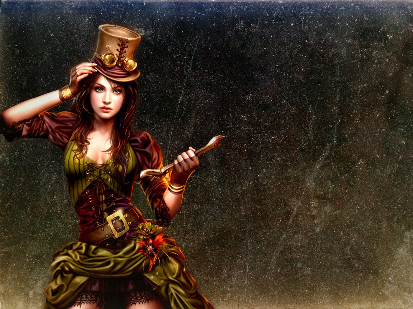 A captivating fantasy-themed HD desktop wallpaper featuring a woman in a steampunk outfit, complete with a top hat and accessories, set against a textured dark background.