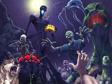 HD desktop wallpaper featuring various Minecraft monsters, including Enderman, Zombie Pigman, wolf, skeleton, zombie, Creeper, and ghost, set against a spooky night backdrop.