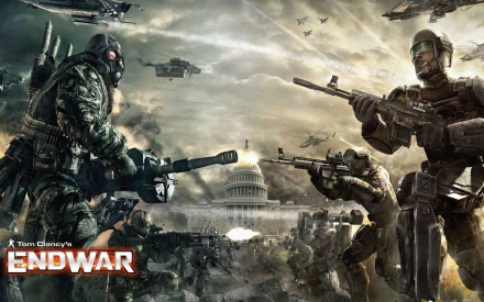 Video game HD PC desktop wallpaper: Tom Clancy's EndWar scene — two armored soldiers and hovering warcraft duel over a smoking, ruined U.S. Capitol under a stormy sky.