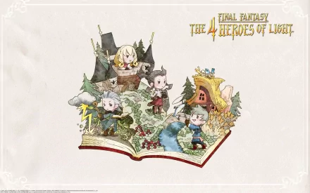 Chibi-style characters Aire, Yunita, Jusqua, and Brandt from Final Fantasy: The 4 Heroes of Light appear on an open book in this HD PC desktop wallpaper.