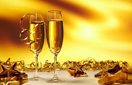 Two champagne flutes surrounded by golden stars and ribbons against a glowing gold background, celebrating New Year in a 4K Ultra HD holiday desktop wallpaper.