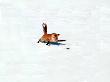 A captivating HD wallpaper captures a fox hunting a mouse in the snow, showcasing the natural beauty and intensity of wildlife amidst a pristine, snowy landscape.
