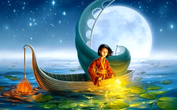 A magical eastern fantasy scene with a figure in traditional attire on a boat beneath a glowing full moon over a tranquil lake surrounded by lily pads, in HD desktop wallpaper quality.