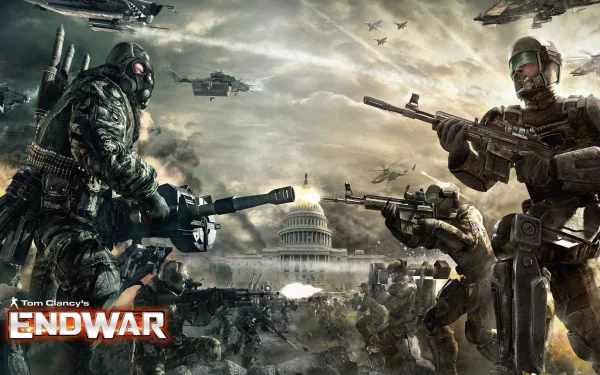 Video game HD PC desktop wallpaper: Tom Clancy's EndWar scene — two armored soldiers and hovering warcraft duel over a smoking, ruined U.S. Capitol under a stormy sky.