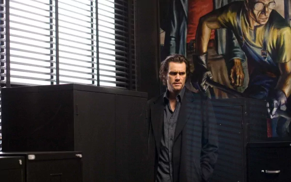 HD PC desktop wallpaper featuring Jim Carrey in a scene from the movie The Number 23, standing in a dimly lit office with a large painting in the background.