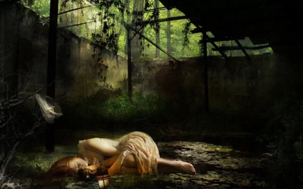 A fantasy scene featuring a woman sleeping alone in a lush, abandoned space, surrounded by nature and soft lighting, creating a serene and solitary atmosphere.