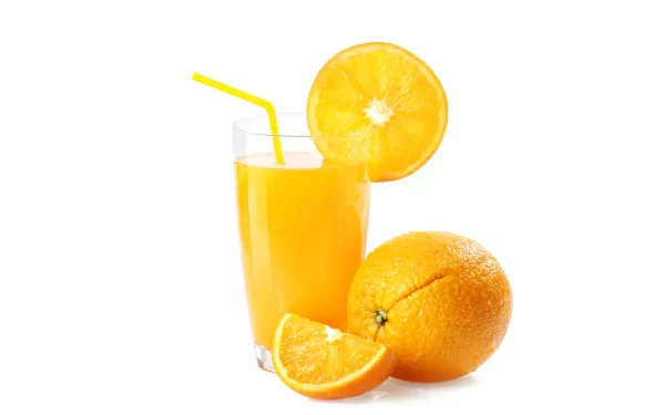HD PC desktop wallpaper featuring a glass of orange juice with a straw, a whole orange, and two orange slices against a white background.