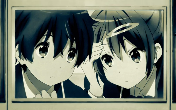 Shinka Nibutani and Yūta Togashi from the anime Love, Chunibyo & Other Delusions gaze thoughtfully at each other, captured in a charming HD desktop wallpaper.