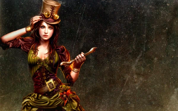 A captivating fantasy-themed HD desktop wallpaper featuring a woman in a steampunk outfit, complete with a top hat and accessories, set against a textured dark background.