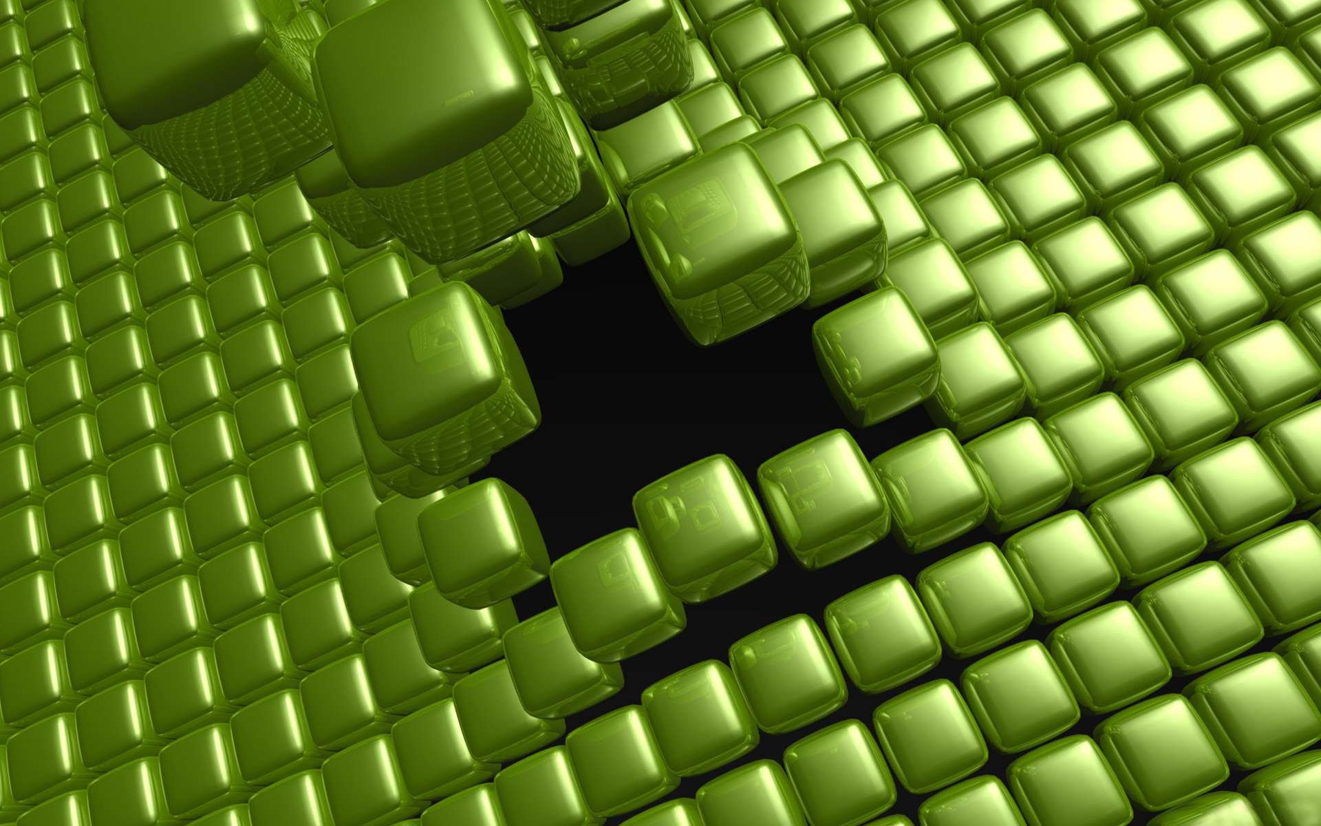 A 3D CGI abstract green cube pattern with some cubes appearing to float away, creating a dynamic, futuristic HD desktop wallpaper background.