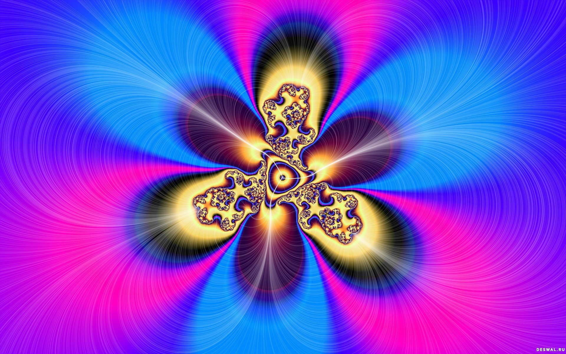 Artistic psychedelic HD desktop wallpaper featuring vibrant swirling patterns in bold blues, pinks, and yellows with intricate fractal details at the center.