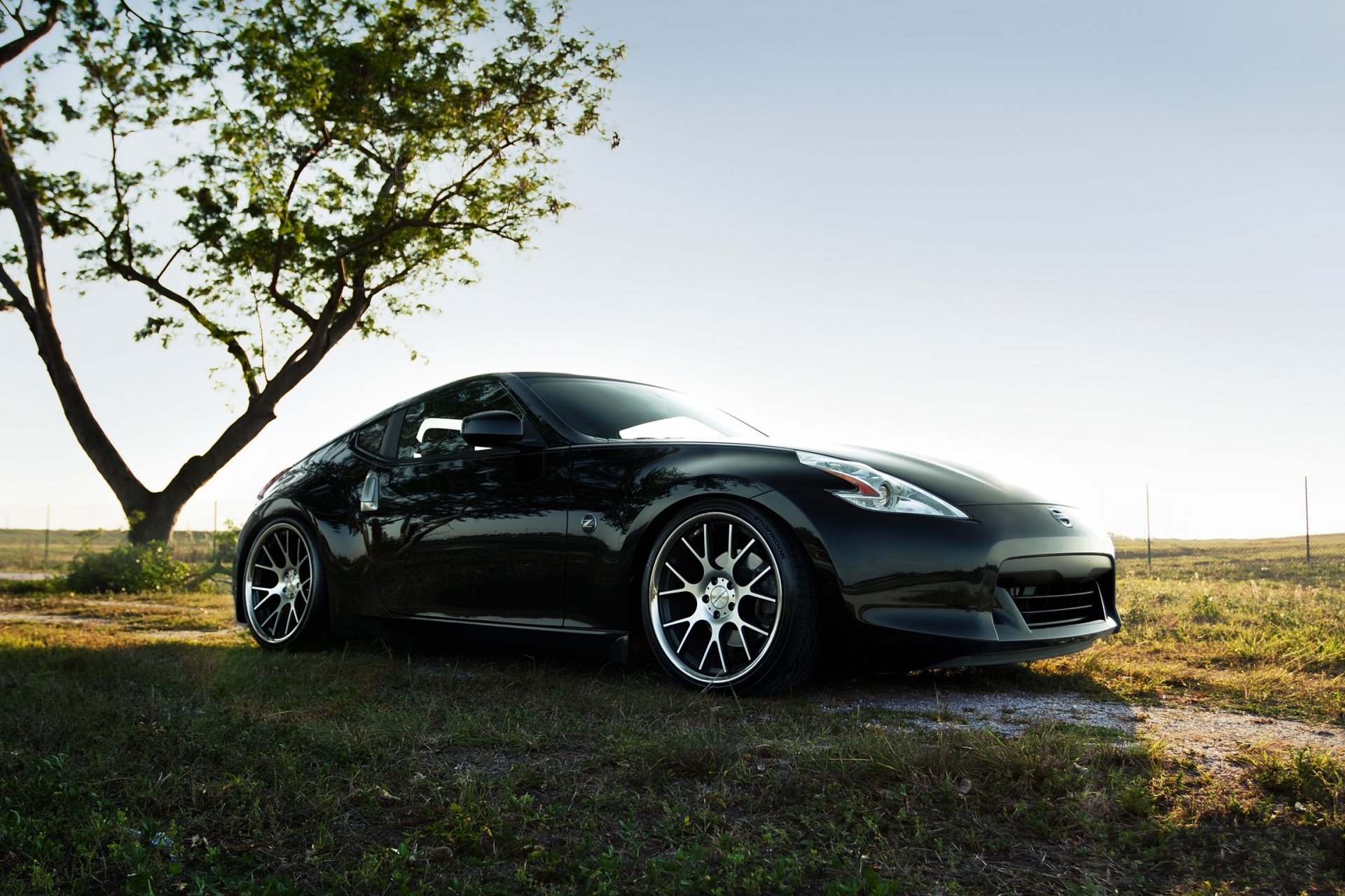 HD PC desktop wallpaper featuring a sleek black Nissan sports car parked on grass with a tree and clear sky in the background.